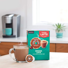 Close-up label detail of The Original Donut Shop Mocha One-Step Latte premium packaging