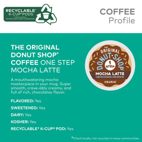 The Original Donut Shop Mocha pod brew setup shows convenient single-serve indulgence.