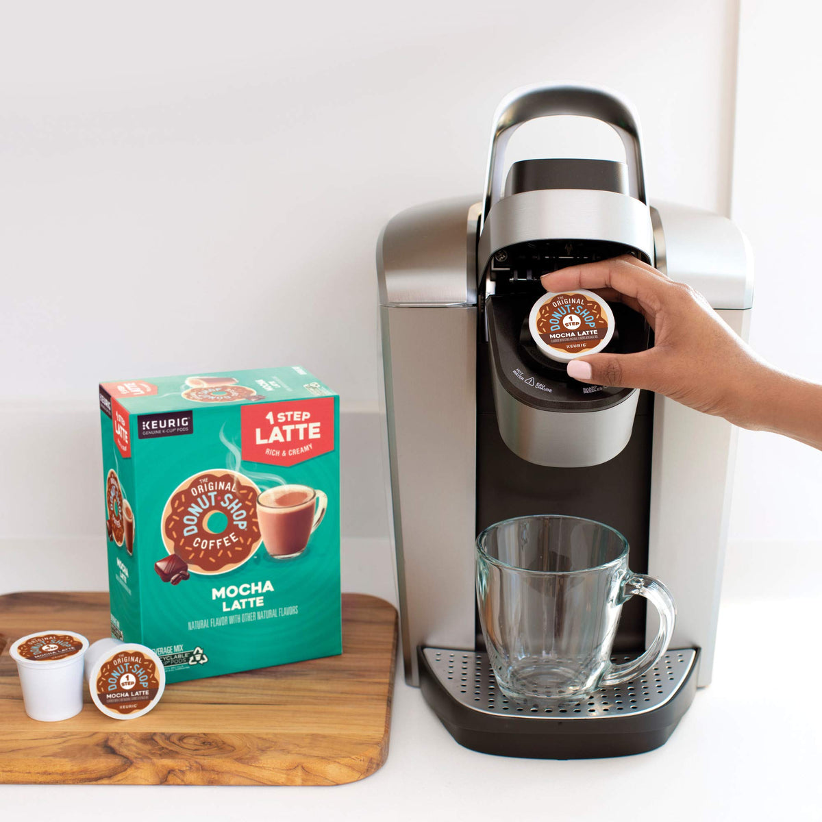 The Original Donut Shop mocha latte pods compatible with Keurig machines.