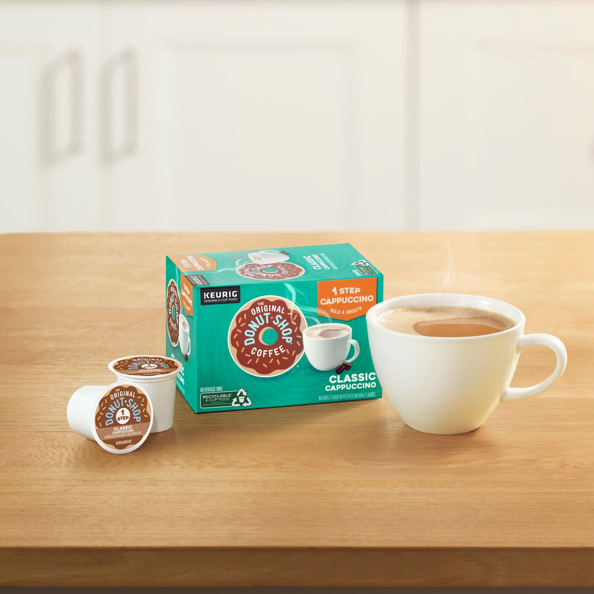 Keurig-compatible One-Step cappuccino pods by The Original Donut Shop.