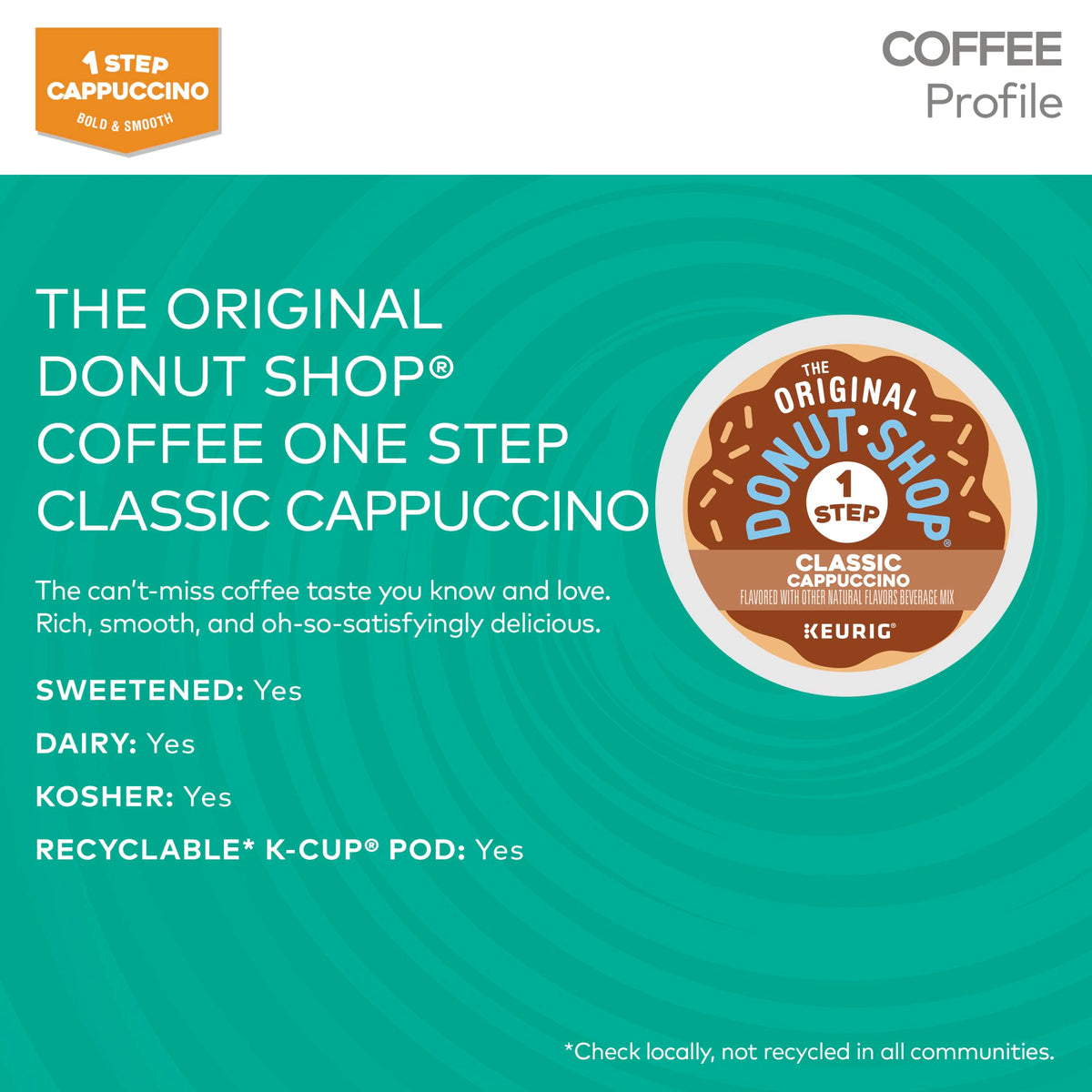 The Original Donut Shop One-Step Classic Cappuccino K-Cup showcases compatible, mess-free brewing.