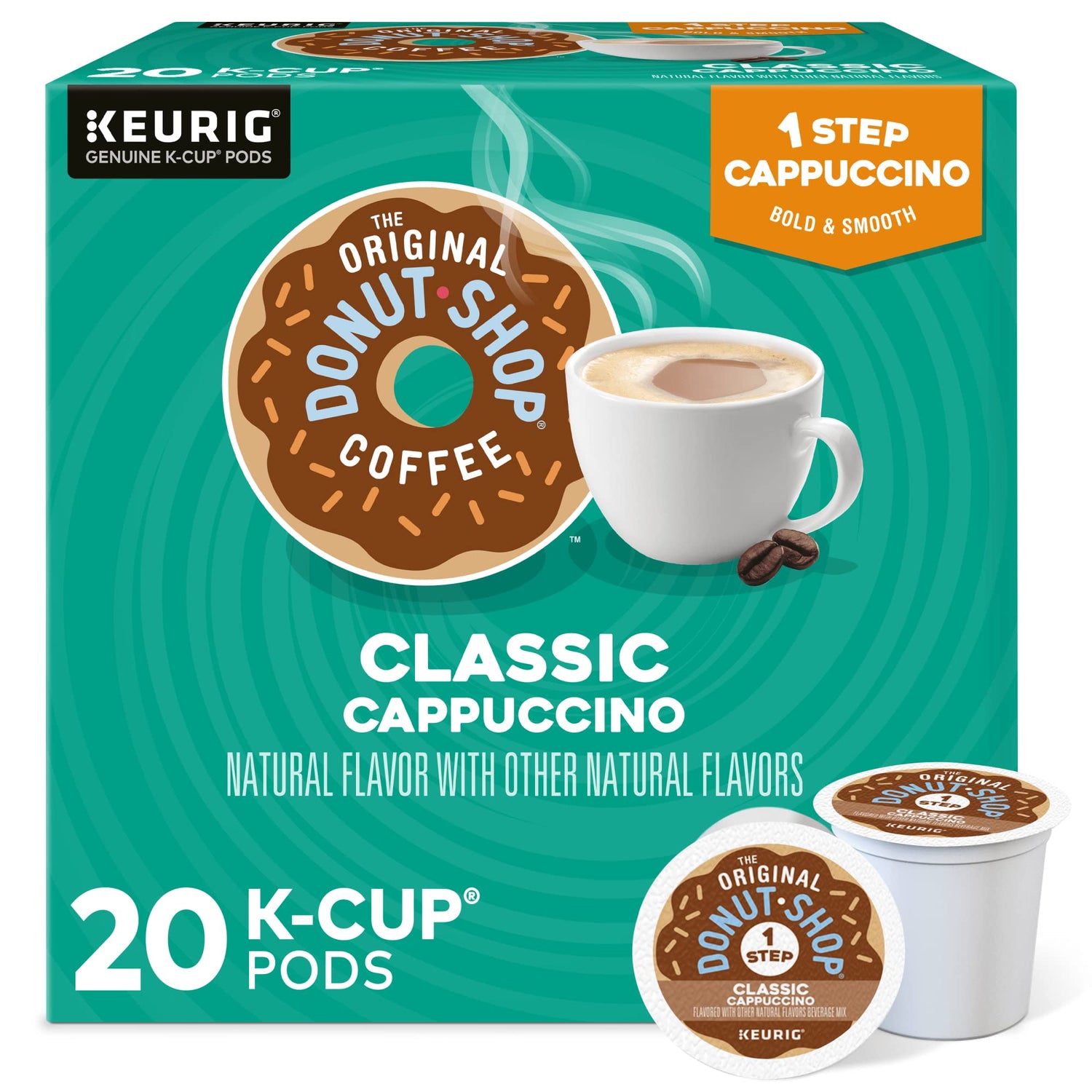 The Original Donut Shop One-Step Classic Cappuccino pack showing convenient single-serve pods for easy mornings.
