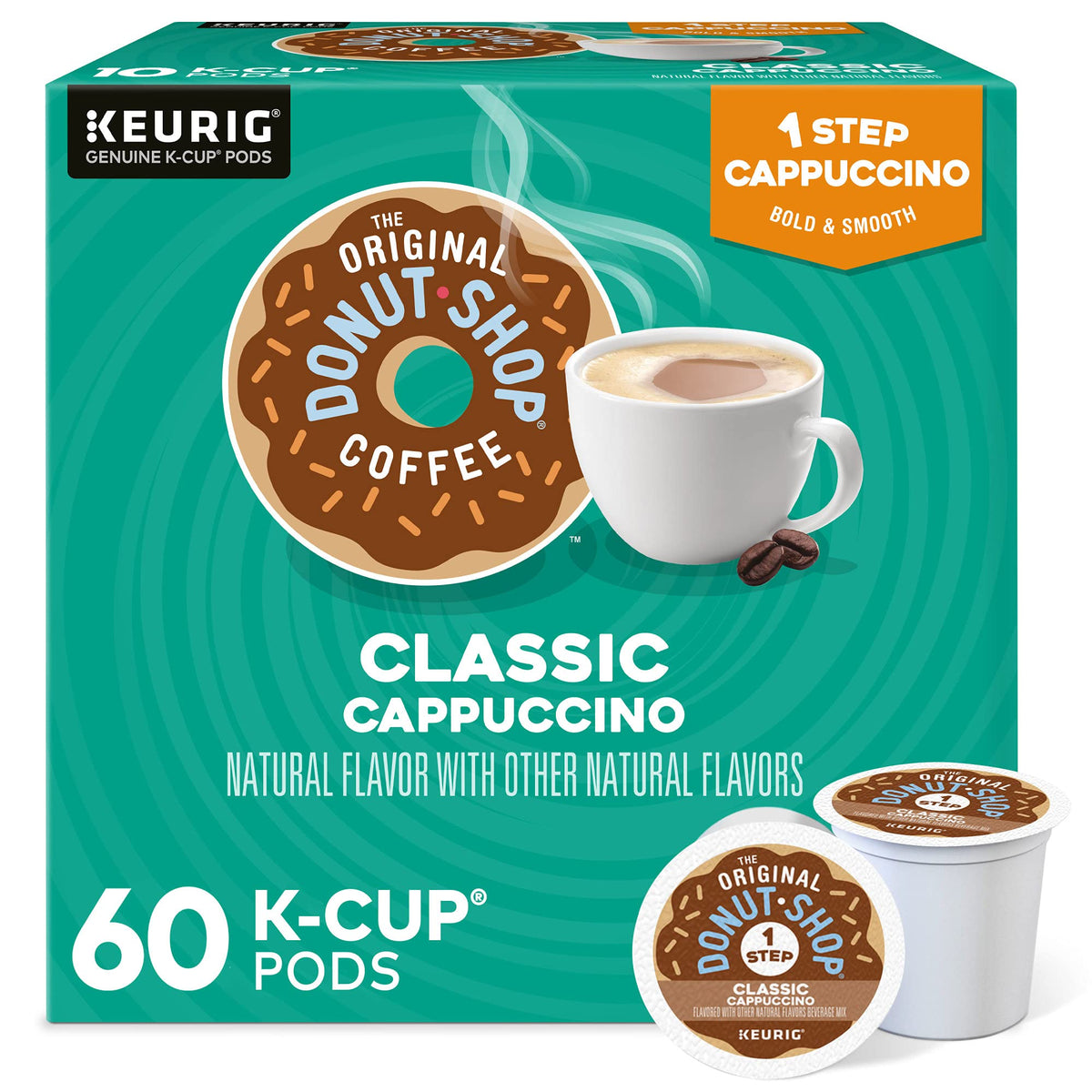 The Original Donut Shop One-Step cappuccino pods in packaging, ready for quick mornings.