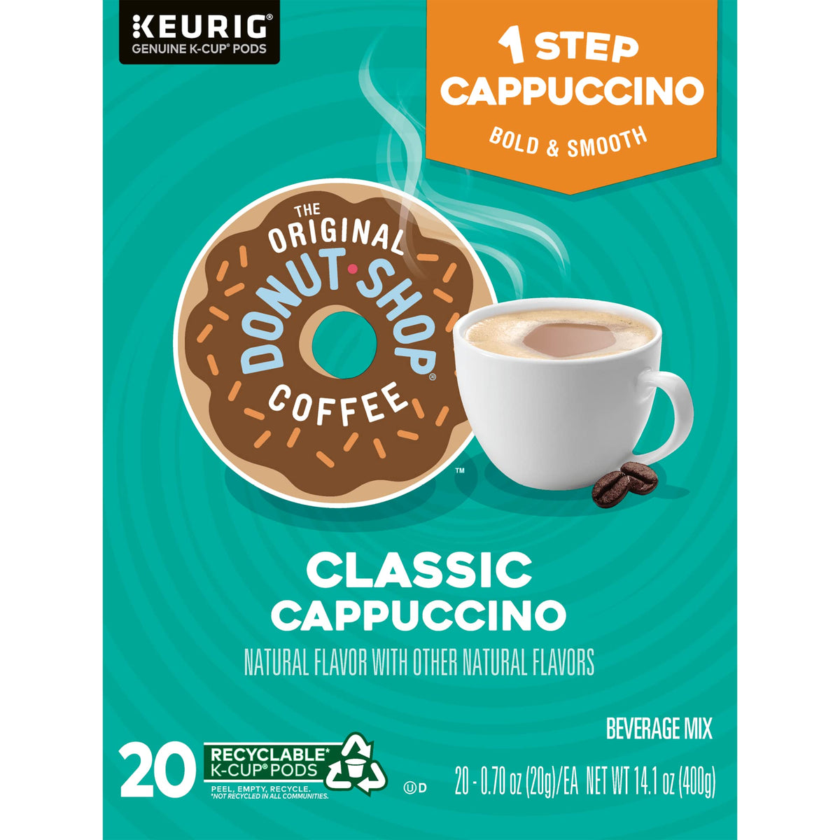 The Original Donut Shop One-Step Classic Cappuccino pour shows quick, café-quality result for home brews.