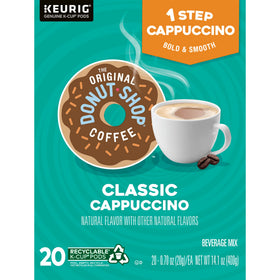 The Original Donut Shop One-Step Classic Cappuccino pour shows quick, café-quality result for home brews.