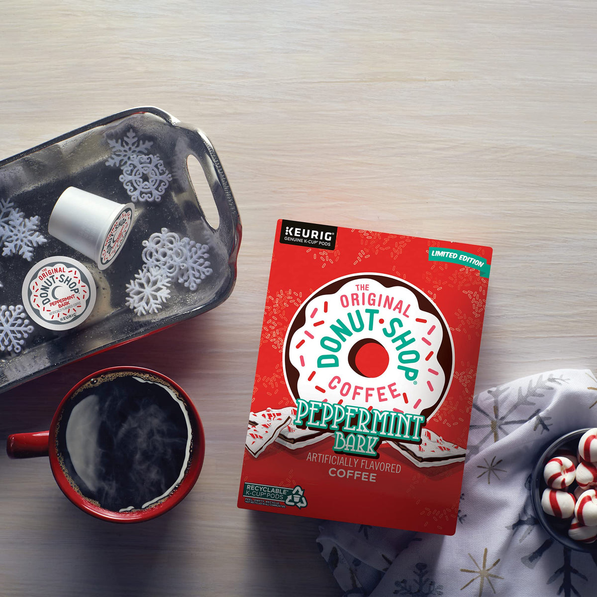 The Original Donut Shop Peppermint Bark aroma fills the kitchen for a comforting pick-me-up.