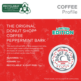 The Original Donut Shop Peppermint Bark light roast brew with creamy white chocolate and candy cane notes.