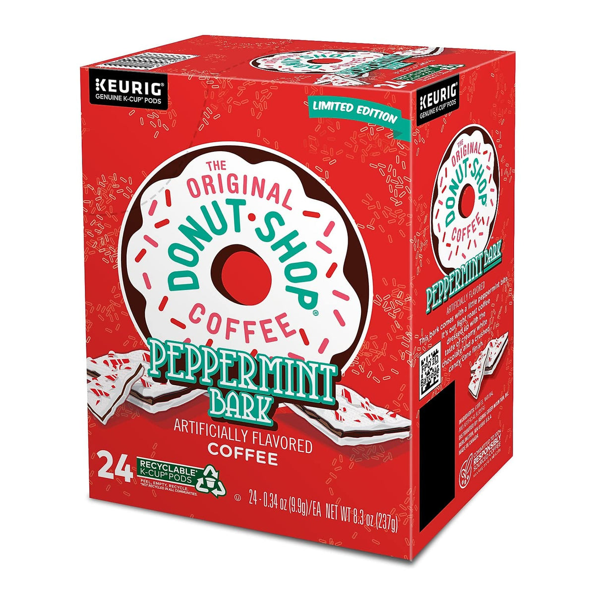 The Original Donut Shop Peppermint Bark K-Cup pod shows crushed candy cane finish for festive notes.