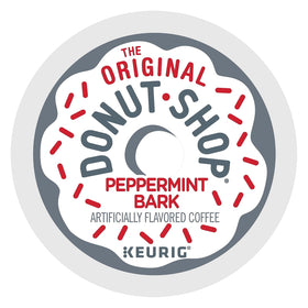 The Original Donut Shop Peppermint Bark K-Cup pod, top view, emphasizes compact, mess-free packaging.