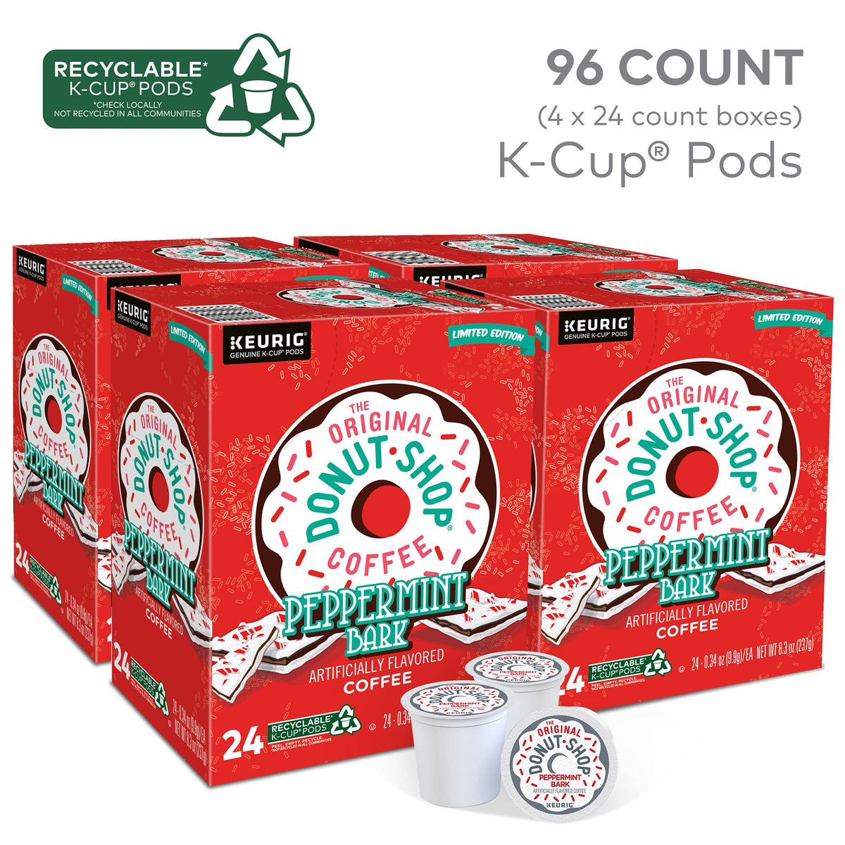 The Original Donut Shop Peppermint Bark packaging shows recyclable K-Cups for easy, planet-friendly coffee.