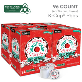 The Original Donut Shop Peppermint Bark packaging shows recyclable K-Cups for easy, planet-friendly coffee.
