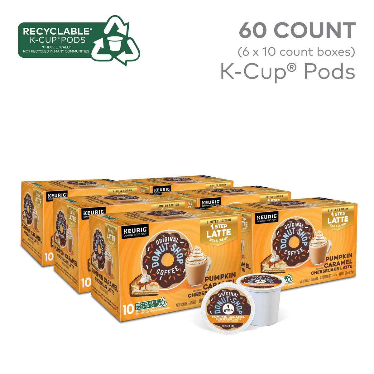 The Original Donut Shop Pumpkin Caramel Cheesecake Latte packaging highlights recyclable pods and simple Keurig use.