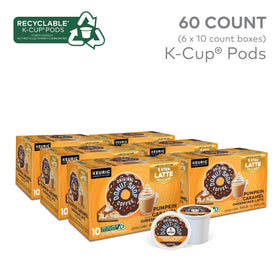 The Original Donut Shop Pumpkin Caramel Cheesecake Latte packaging highlights recyclable pods and simple Keurig use.