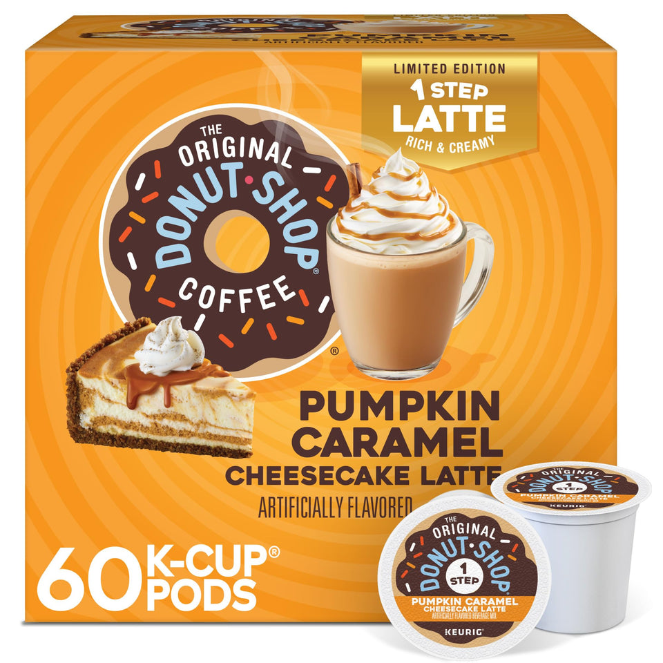 The Original Donut Shop Pumpkin Caramel Cheesecake Latte pods deliver cozy mornings with creamy pumpkin notes.