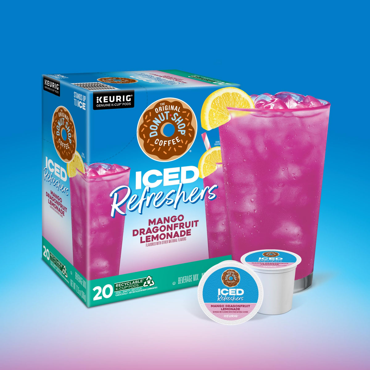 the original donut shop recyclable k-cup pod icon emphasizing eco-friendly packaging