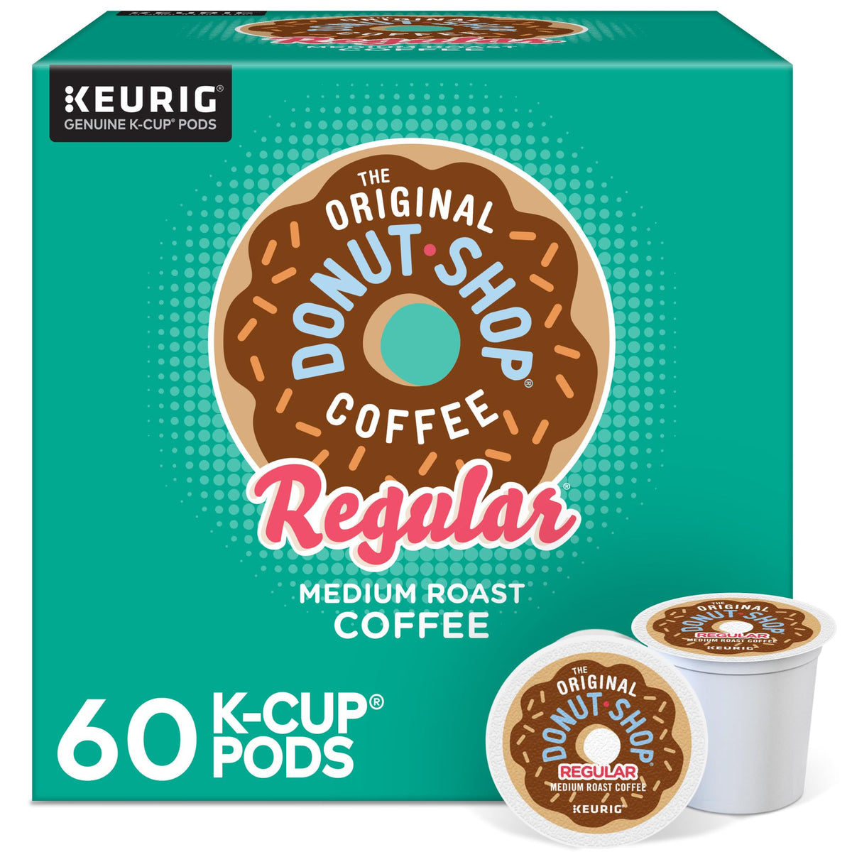 The Original Donut Shop Regular coffee capsules 60-count pack shot, bold flavor ready to brew
