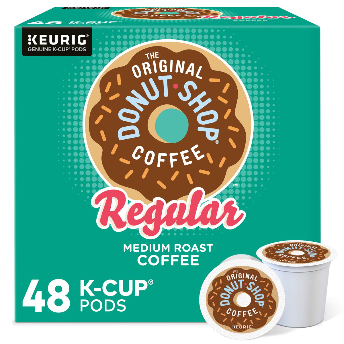 The Original Donut Shop Regular packaging showcasing convenient coffee pods for quick mornings
