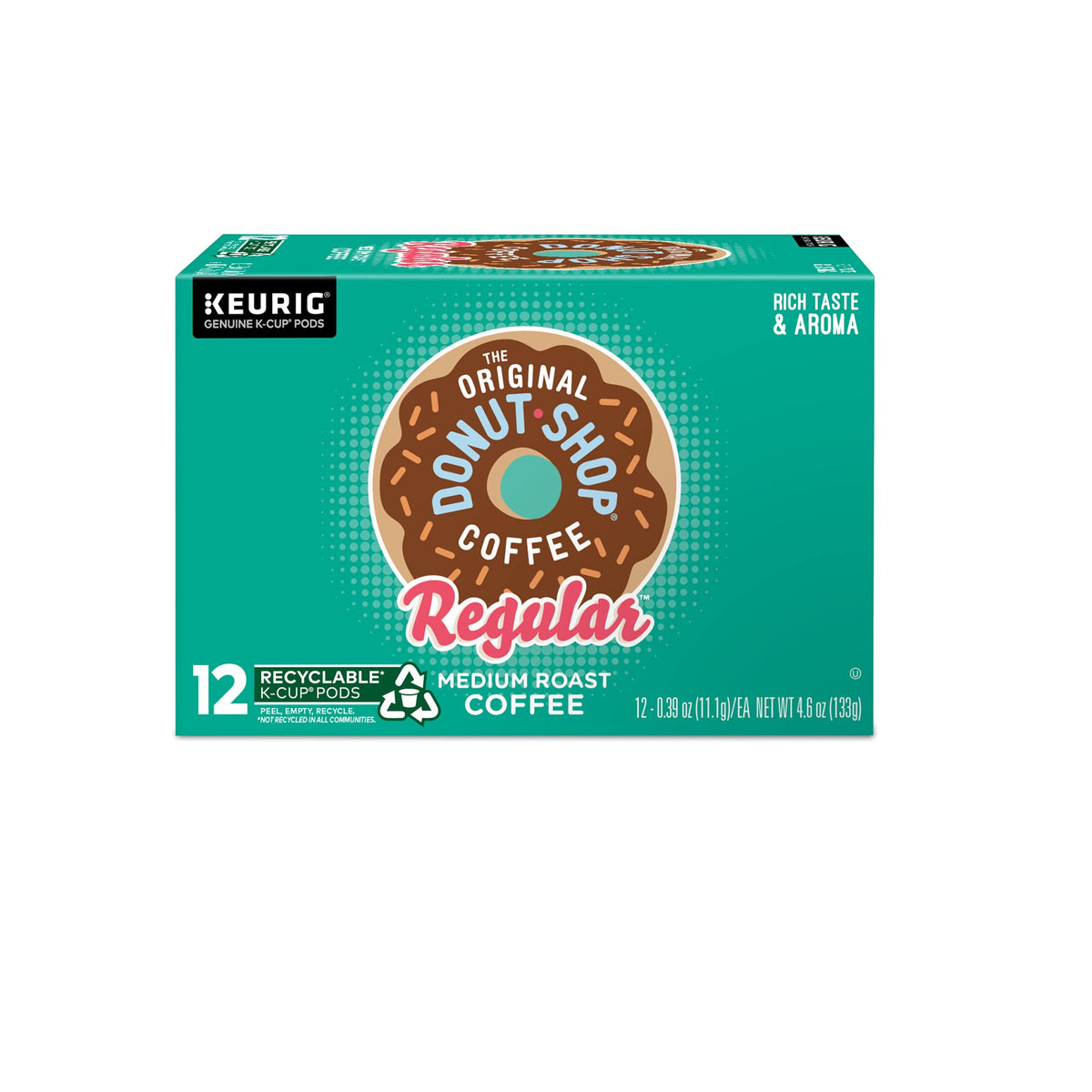 Close-up of The Original Donut Shop Regular K-Cup pod with ground coffee aroma.