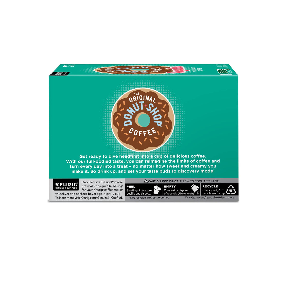 The Original Donut Shop Regular K-Cup pod on a kitchen counter ready to brew.
