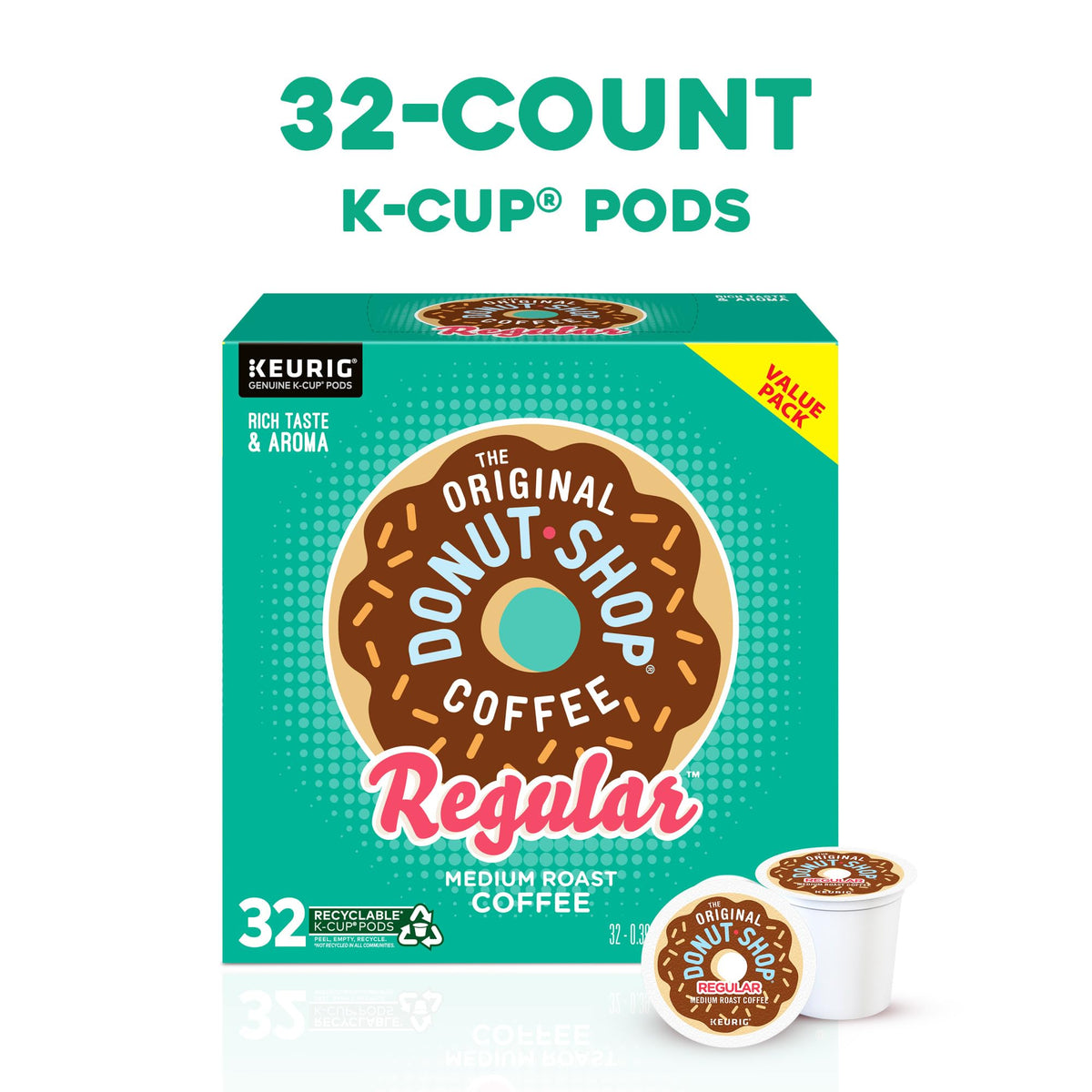 The Original Donut Shop Regular K-Cup pods front view, convenient single-serve option.