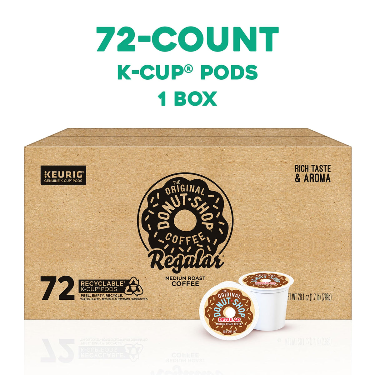 The Original Donut Shop Regular K-Cup Pods medium roast label highlighting balanced flavor.