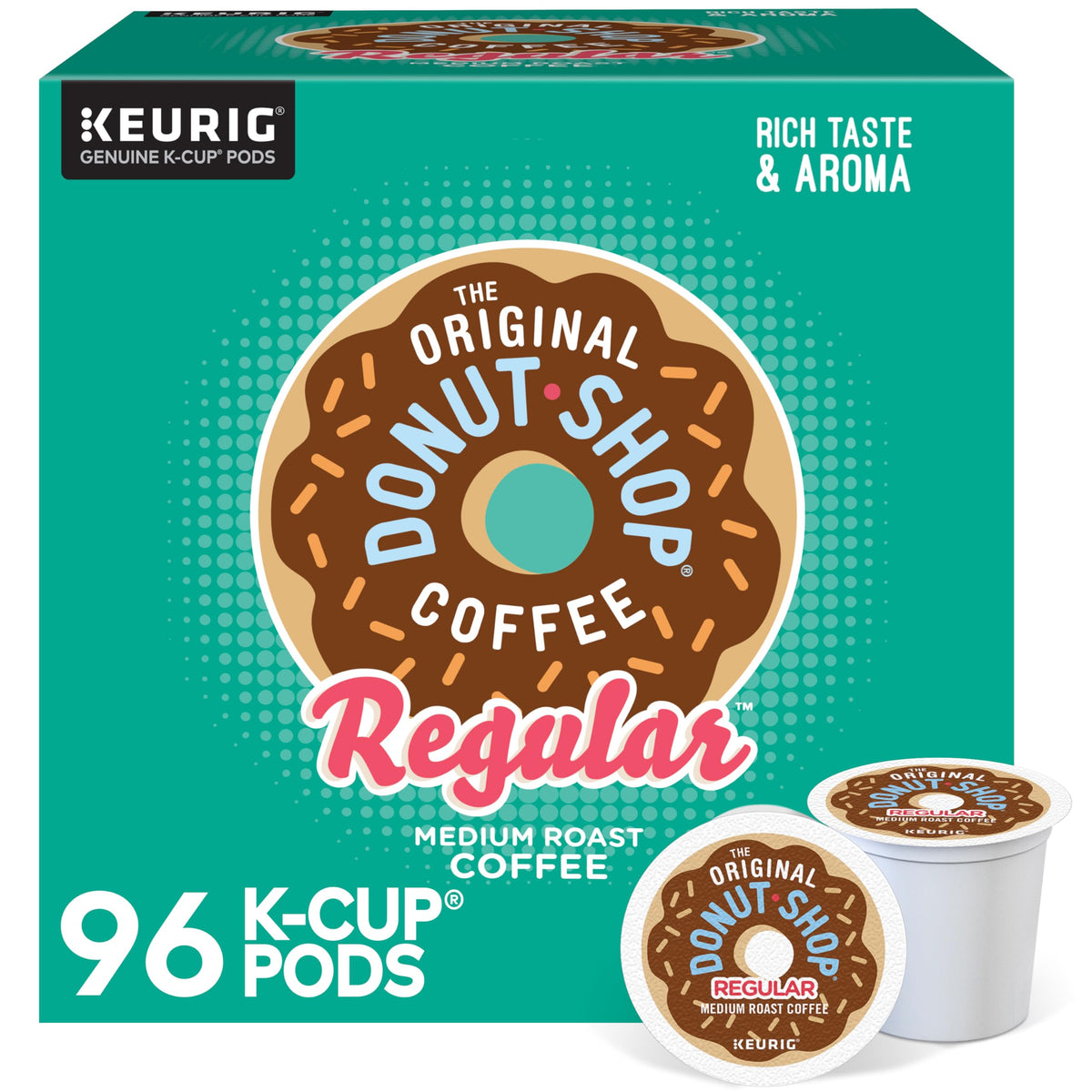 The Original Donut Shop Regular K-Cup packaging on shelf for quick morning coffee.