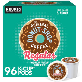 The Original Donut Shop Regular K-Cup packaging on shelf for quick morning coffee.