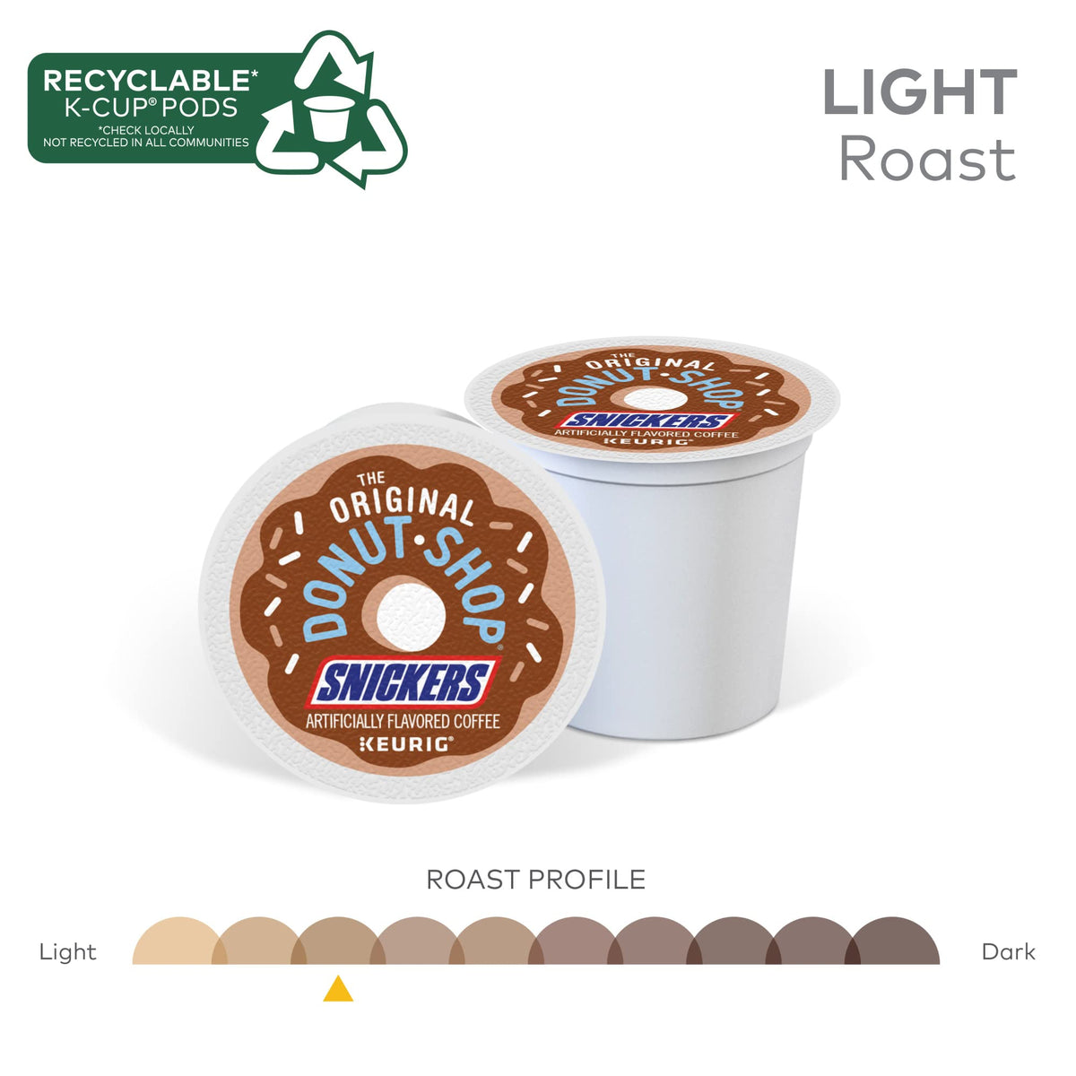 The Original Donut Shop Snickers coffee packaging promoting recycling-friendly pods.