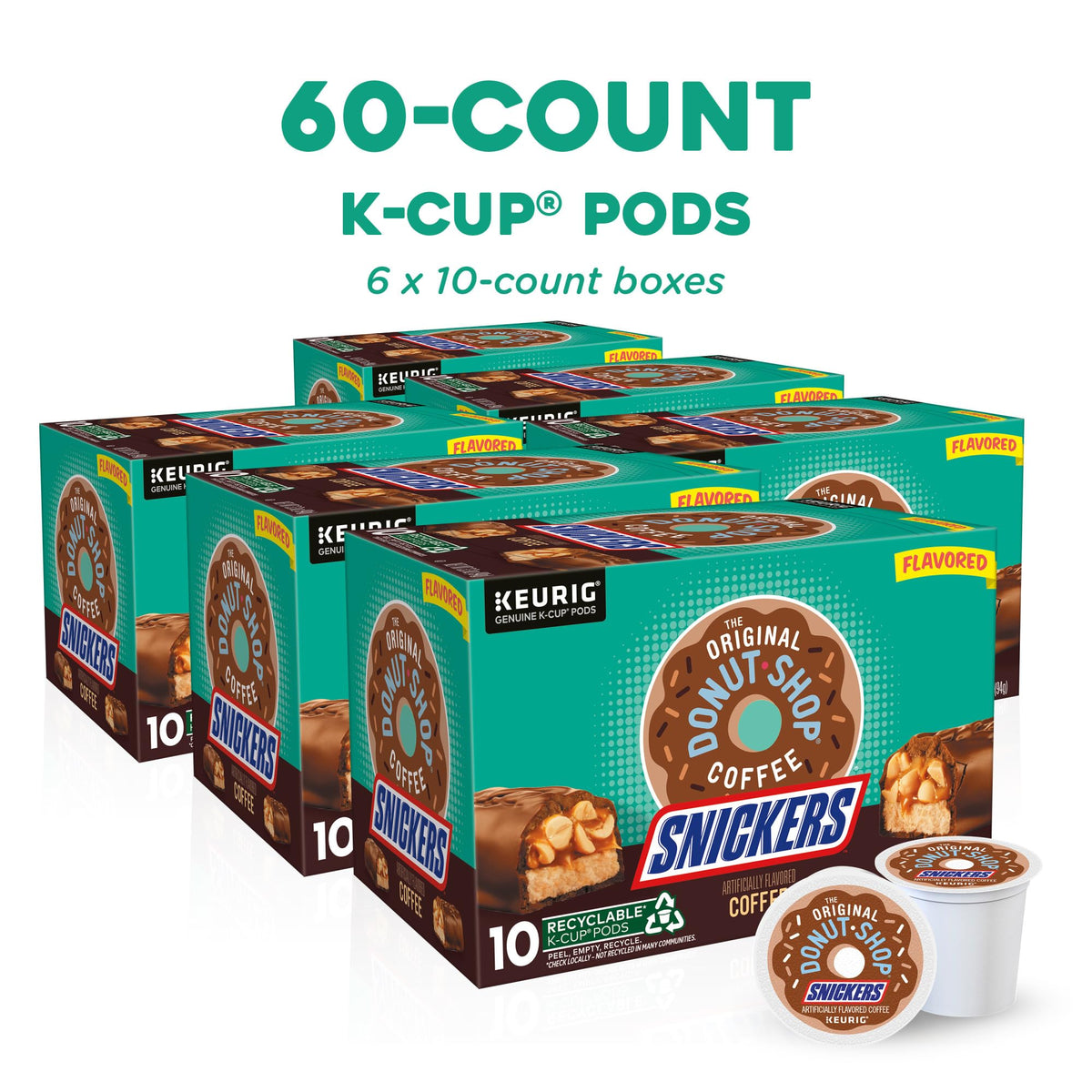 The Original Donut Shop SNICKERS K-Cup pods shown for quick Keurig brewing.