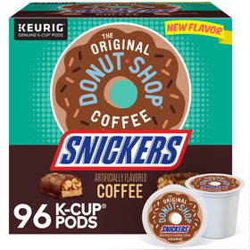 The Original Donut Shop Snickers coffee K-Cup pods in a box for easy storage.