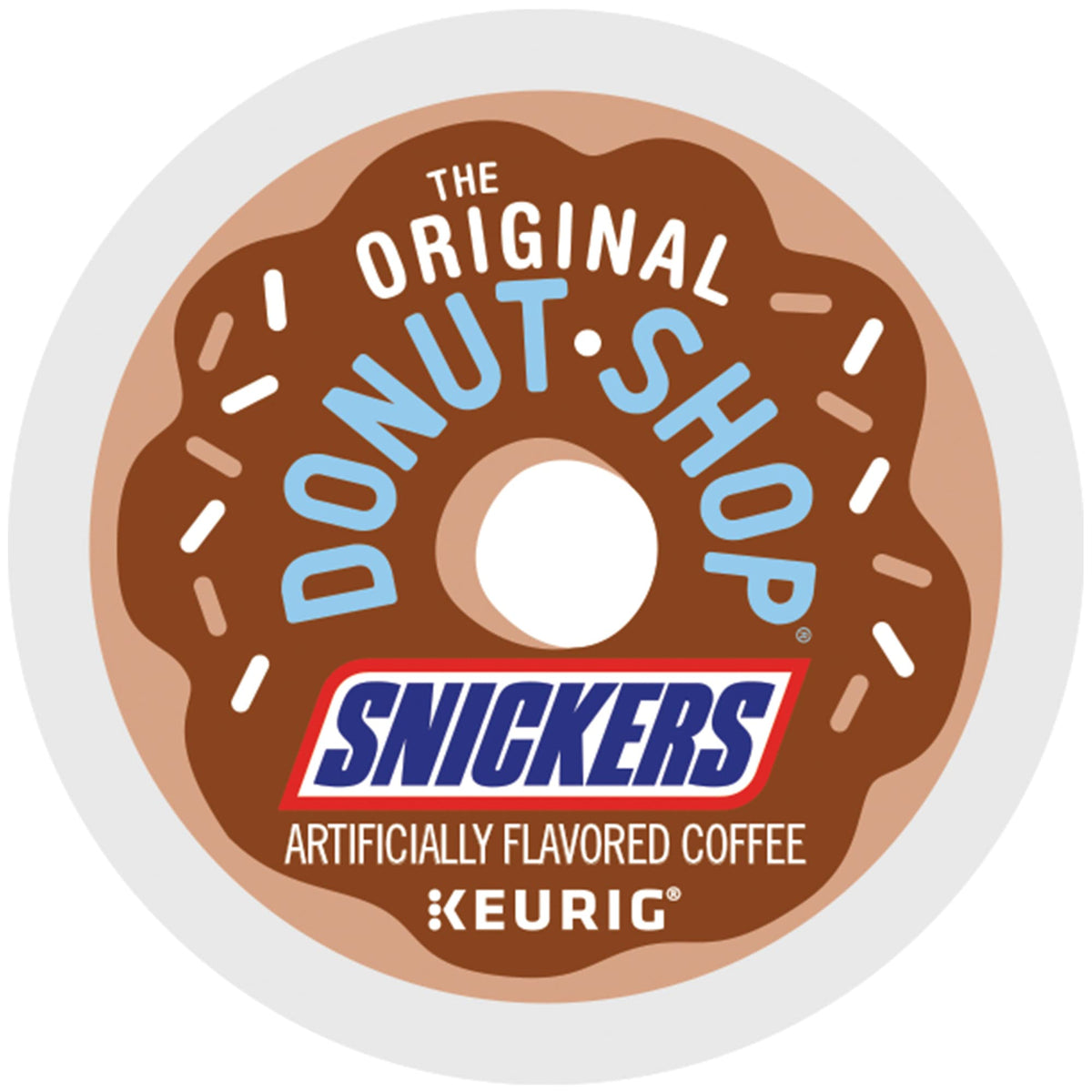 The Original Donut Shop Snickers coffee K-Cup pod closeup highlighting premium Arabica beans.
