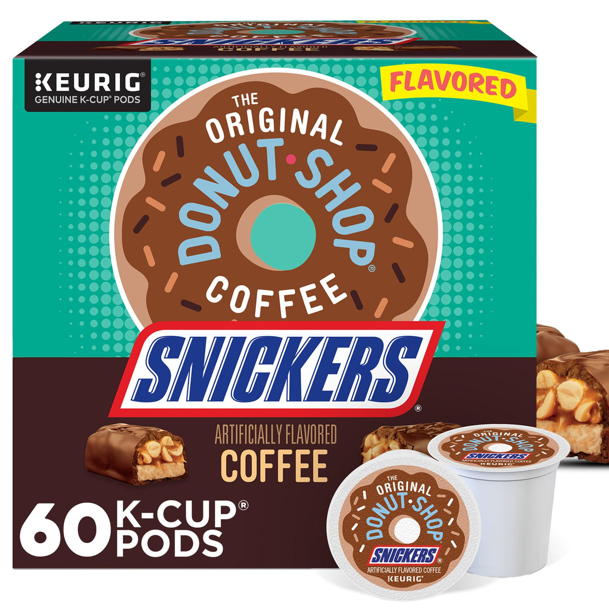 The Original Donut Shop SNICKERS packaging highlights flavor-forward coffee for busy mornings.