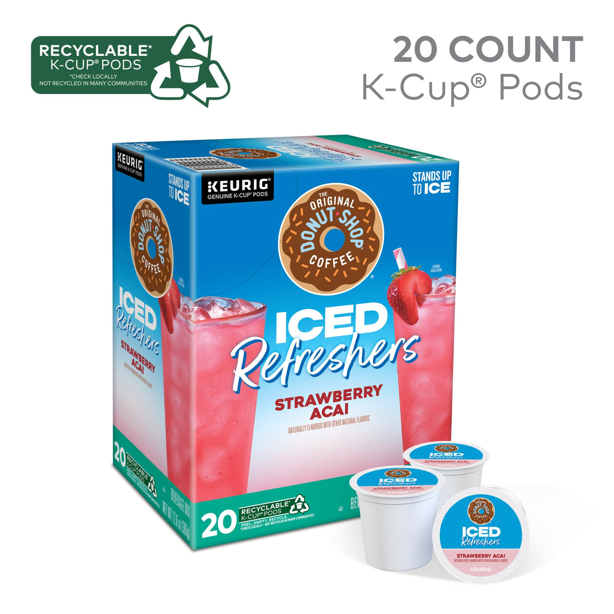 The Original Donut Shop Iced Refreshers cup with strawberry acai flavor on ice.