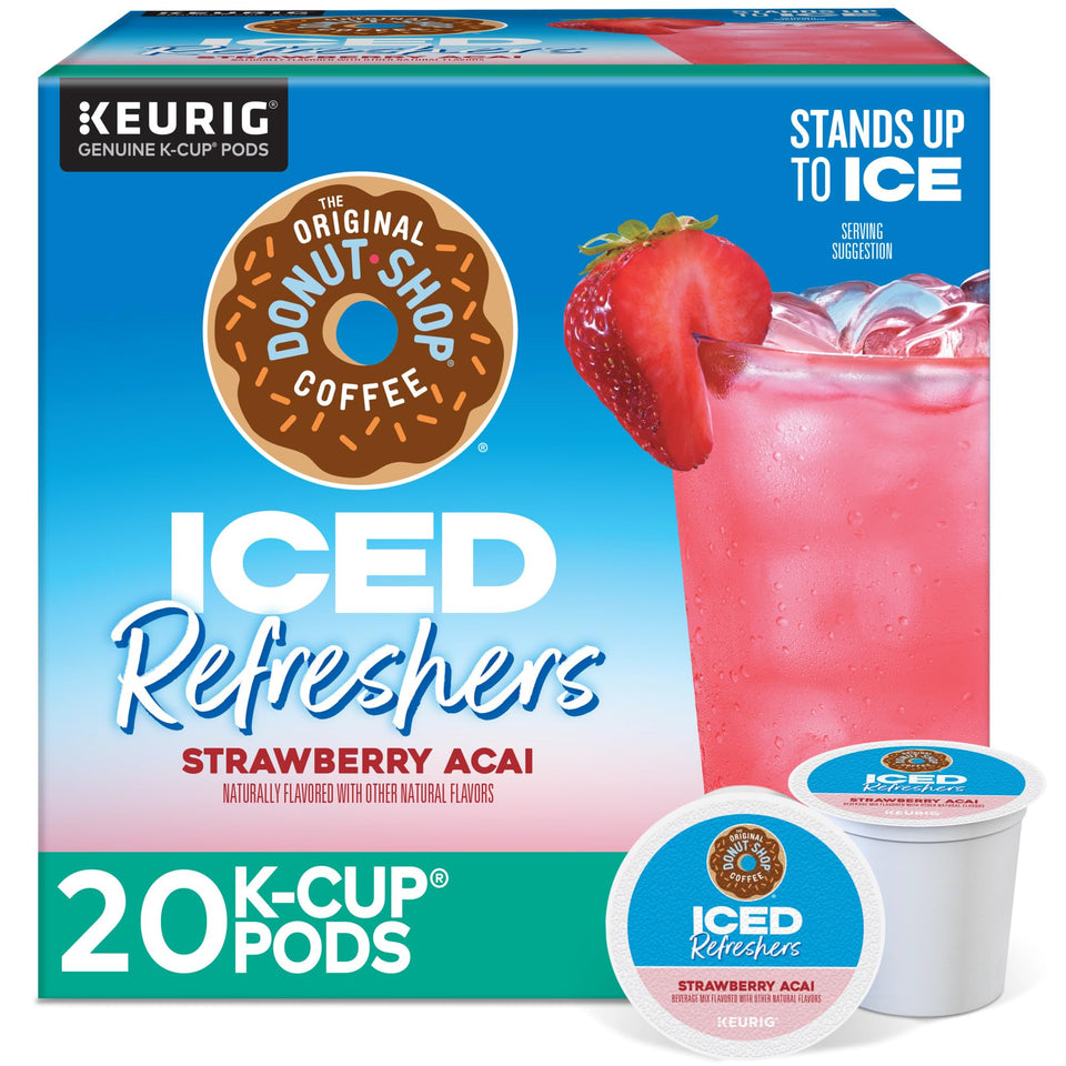 The Original Donut Shop Strawberry Acai Iced Refreshers pod ready for Keurig brewing, quick caffeine boost.