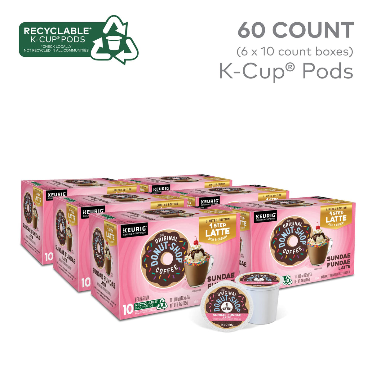 The Original Donut Shop Sundae Fundae Latte K-Cup pod creates a smooth, indulgent latte
