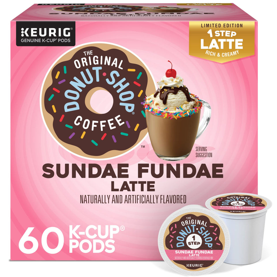 The Original Donut Shop Sundae Fundae Latte K-Cup pod being poured for a creamy latte