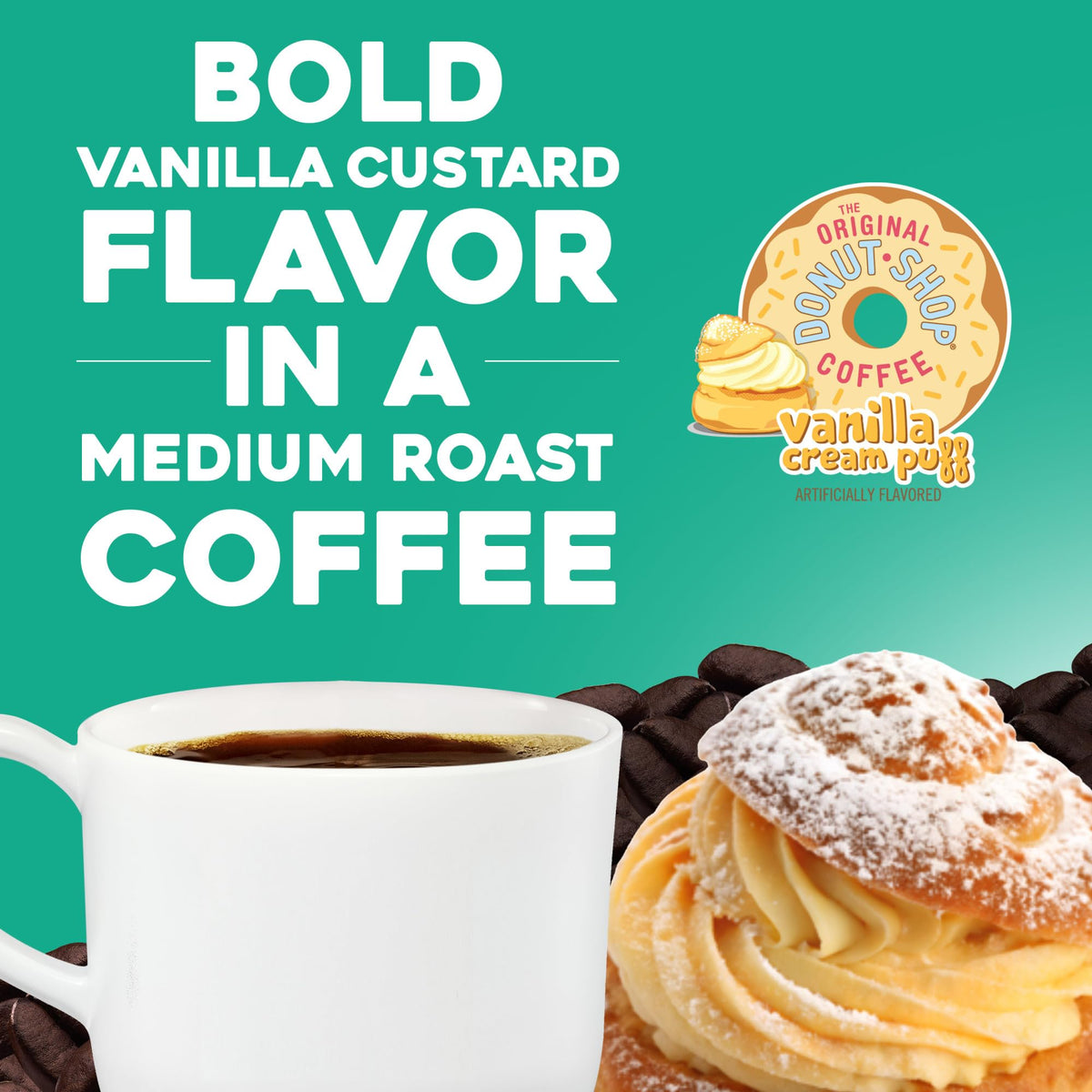 The Original Donut Shop Vanilla Cream Puff coffee droplet evokes rich vanilla aroma.