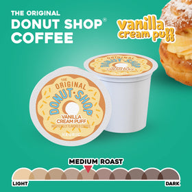 The Original Donut Shop Vanilla Cream Puff pod closeup shows bold vanilla flavor.