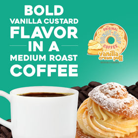 Brewed cup displays a balanced medium roast with creamy vanilla notes.