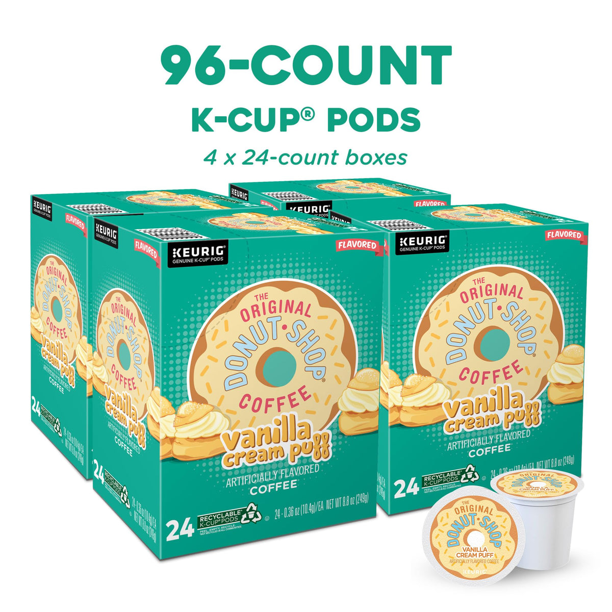 Vanilla Cream Puff pod packaging highlights premium, consistent blends for Keurig machines.