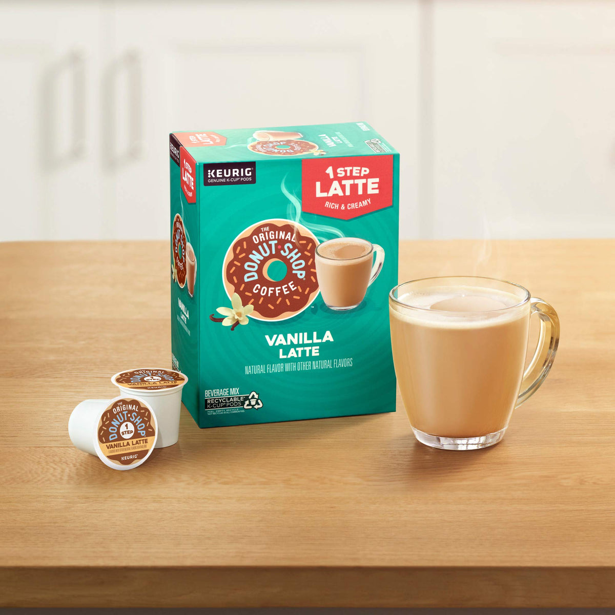 The Original Donut Shop Vanilla Latte pods in kitchen ready to brew.