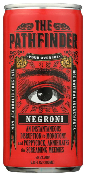 The Pathfinder Negroni 4 Pack bottle back, showcasing premium ingredients and zero alcohol.