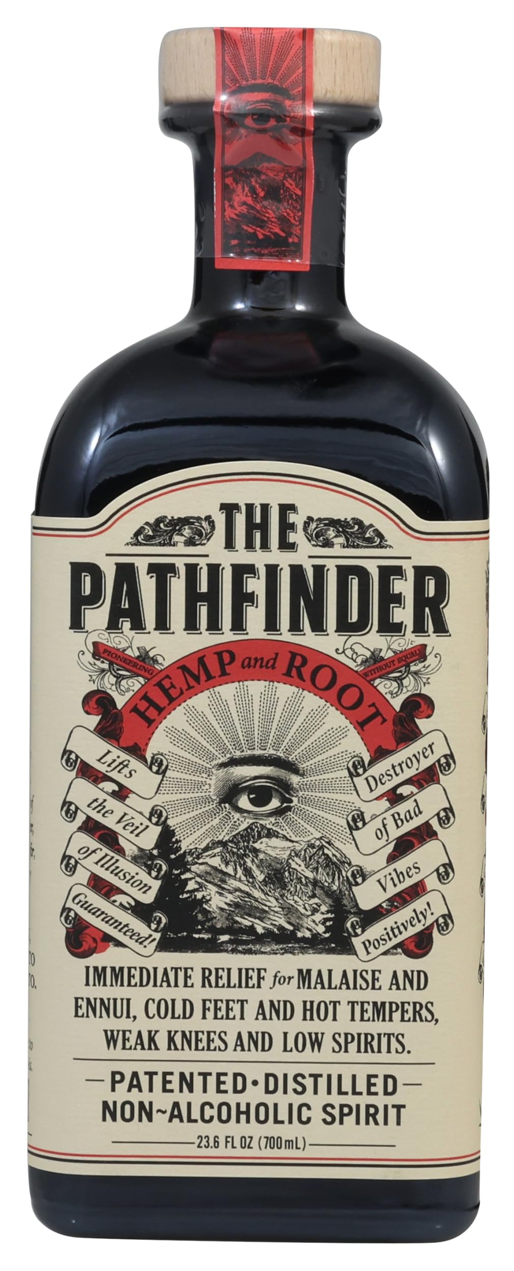 The Pathfinder Non-Alc Hemp and Root Bitters bottle, ideal for flavor rich mocktails and culinary finishes