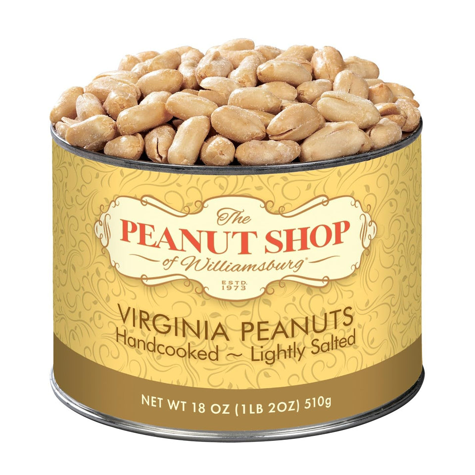 The Peanut Shop of Williamsburg light salted handcooked Virginia peanuts in a tin, ideal for gifting.