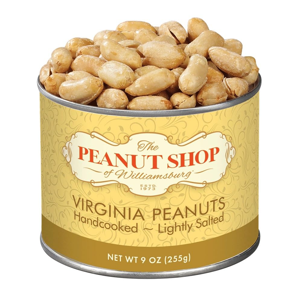 The Peanut Shop of Williamsburg handcooked peanuts in a 9 oz tin, lightly salted for a flavorful snack