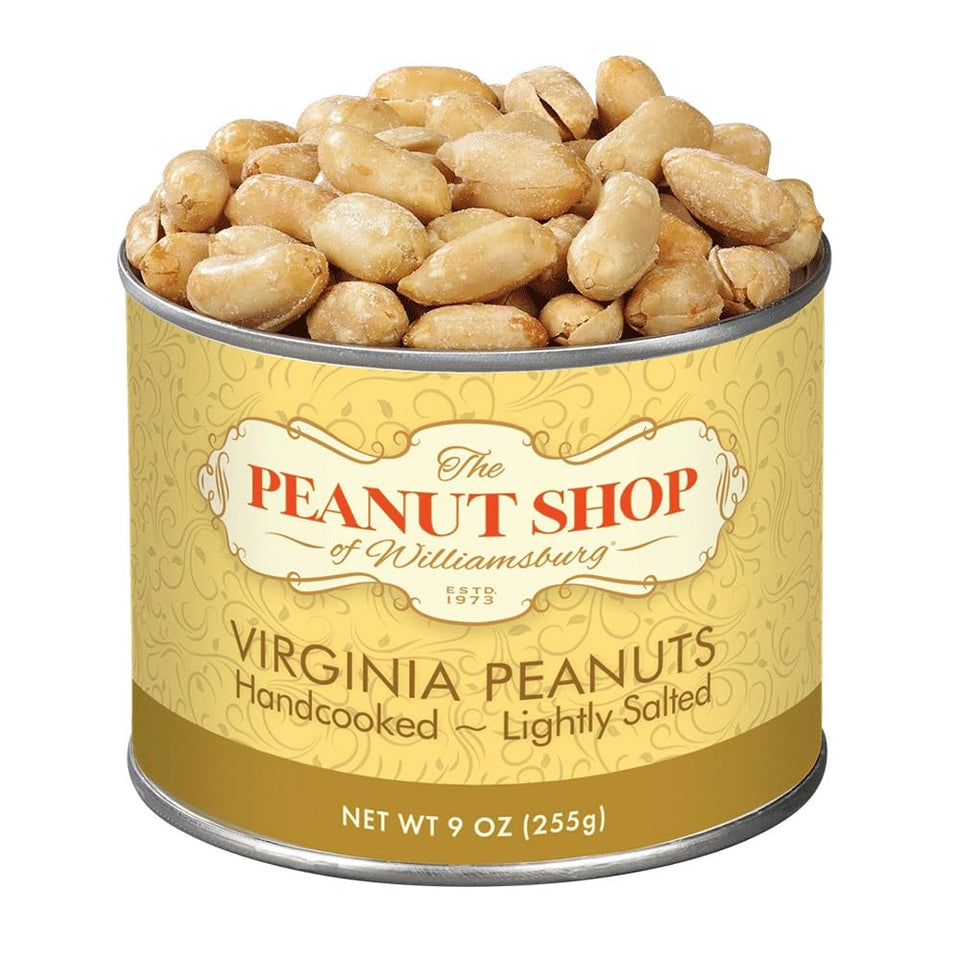 The Peanut Shop of Williamsburg handcooked peanuts in a 9 oz tin, lightly salted for a flavorful snack