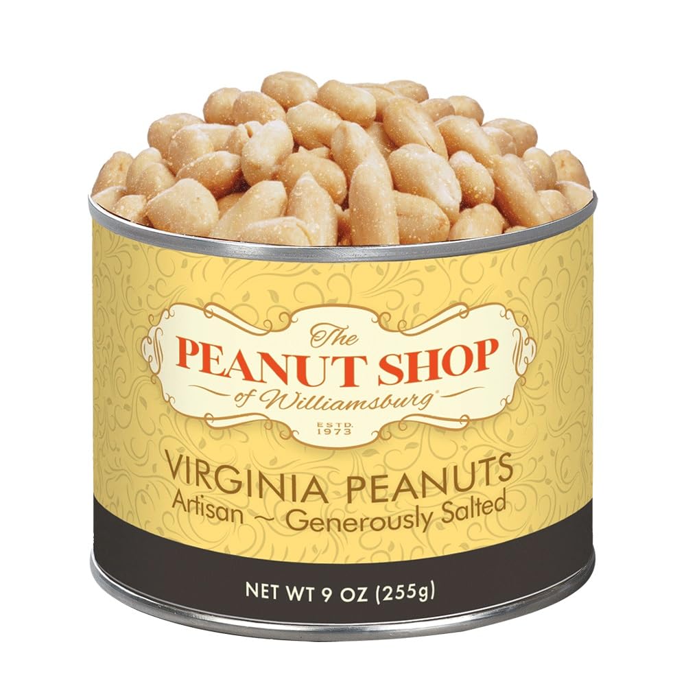 The Peanut Shop of Williamsburg artisan roasted Virginia peanuts in a 9oz tin, generously salted for snacking.