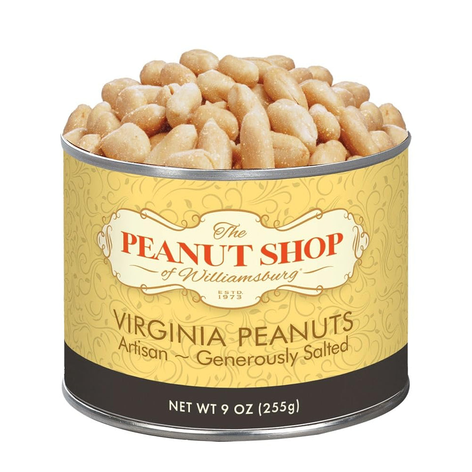 The Peanut Shop of Williamsburg artisan roasted Virginia peanuts in a 9oz tin, generously salted for snacking.