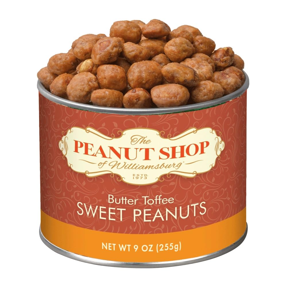 The Peanut Shop of Williamsburg butter toffee peanuts, gluten-free snack, ideal for entertaining.