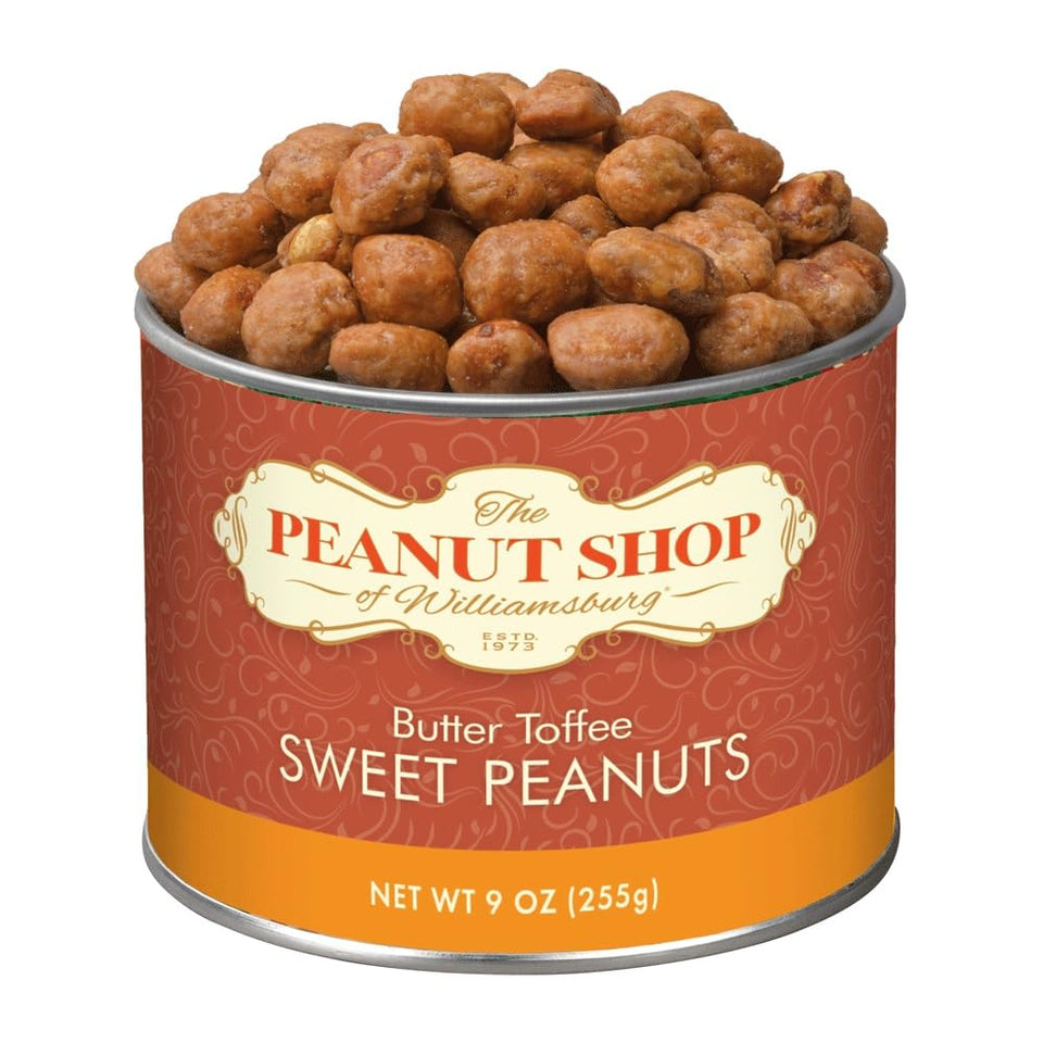 The Peanut Shop of Williamsburg butter toffee peanuts, gluten-free snack, ideal for entertaining.